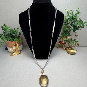 Lucky Brand Silver And Gold Tone Long Adjustable Necklace Oval Pendant